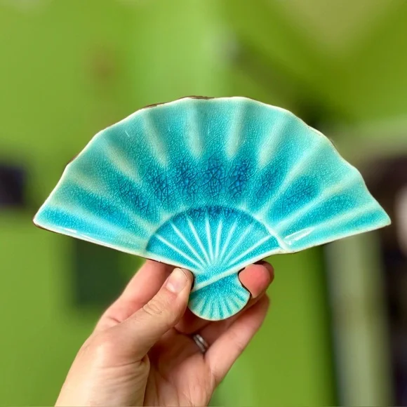 Vintage Teal Glass Ceramic Oriental Fan Dish Decorative Home Accent - Picture 1 of 6